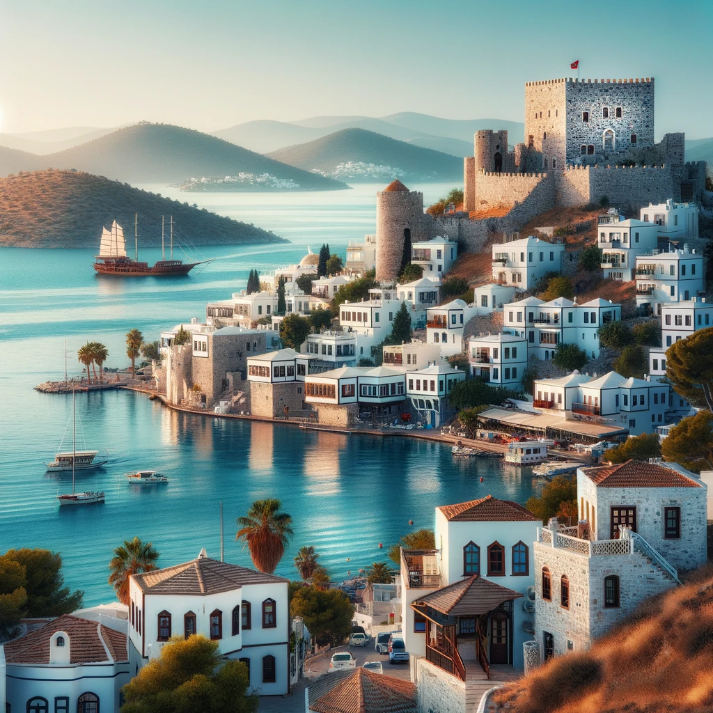 DALL·E 2024 02 20 20.00.46 A picturesque view of Bodrum Turkey showcasing the famous Bodrum Castle with its medieval architecture nestled against the backdrop of the azure Ae