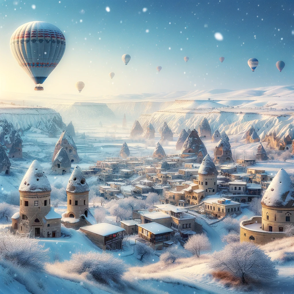 DALL·E 2024 02 22 00.51.42 A magical winter scene in Cappadocia Turkey featuring snow covered fairy chimneys ancient cave dwellings and hot air balloons floating in the clea