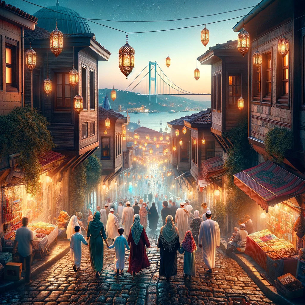 DALL·E 2024 02 28 11.06.41 Imagine a serene evening in a Turkish town during Ramadan. The narrow cobblestone streets are softly lit by traditional Turkish lanterns creating a m
