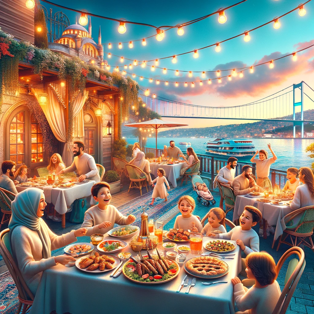 DALL·E 2024 03 09 15.34.52 Imagine a vibrant scene capturing the essence of family dining in Istanbul. The image features a picturesque outdoor setting with a view of the iconic
