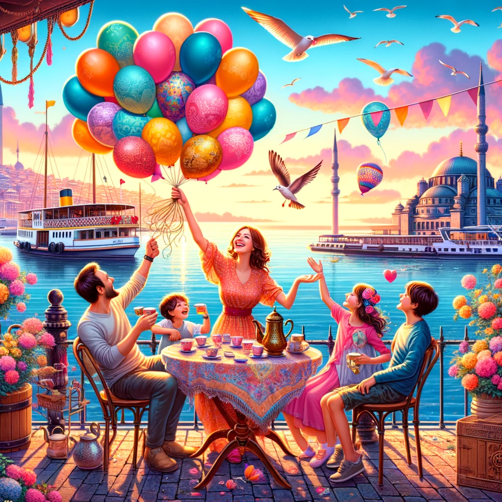 DALL·E 2024 03 12 16.12.51 A family is having a delightful time at a cafe on the edge of a sea during sunset. The illustration is vibrant and festive capturing a joyful family