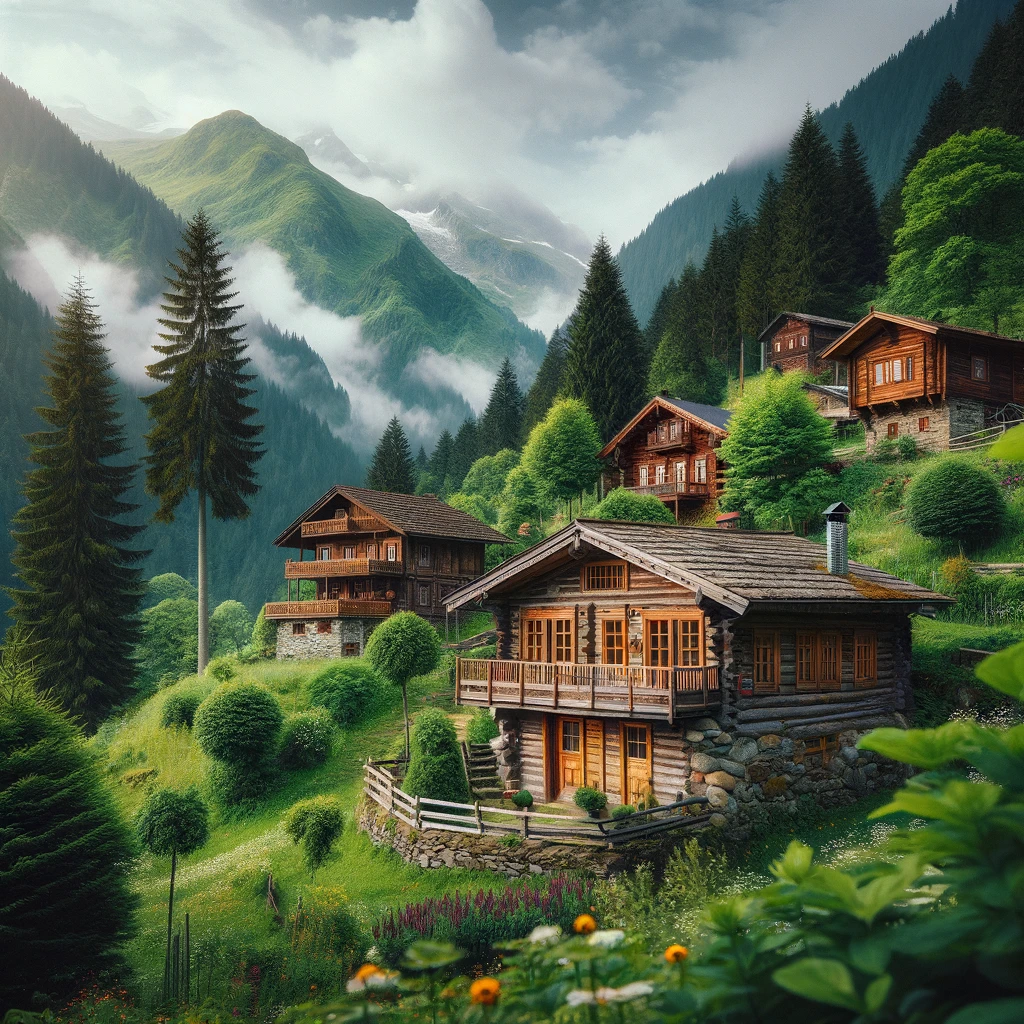 DALL·E 2024 05 09 17.26.41 A picturesque scene of traditional wooden cabins nestled in the lush green landscape of Rize Turkey. The cabins are built with rustic charm featurin